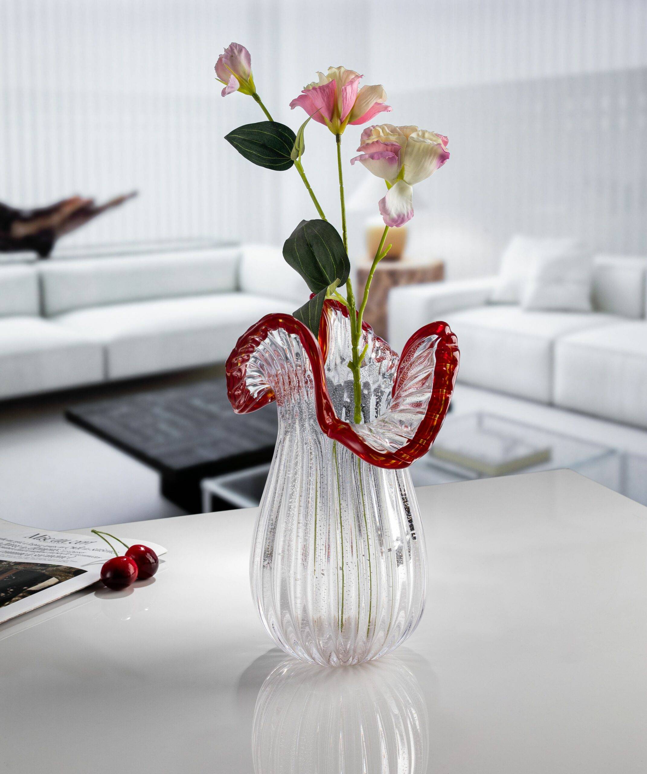 W150*H300mm Clear Silver Foil Flower Vase with Red Trim