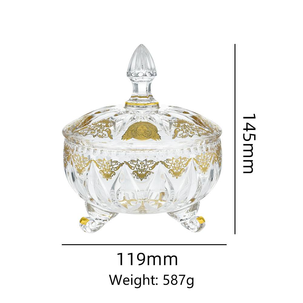 H145*W119mm Arabic Style Luxury Medusa Gold Applique Crystal Glass Candy Jar with Dome Lid