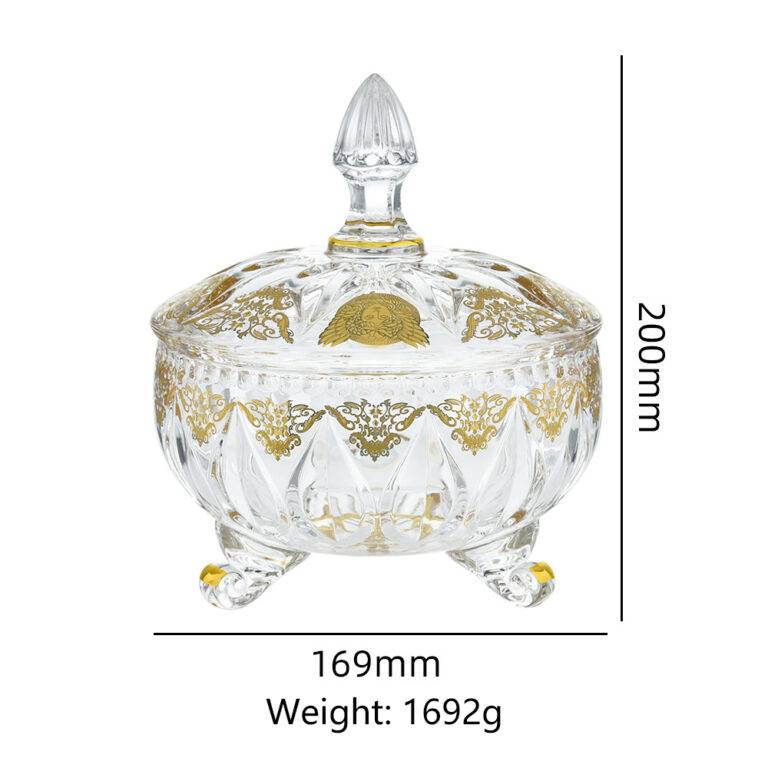 H145*W119mm Arabic Style Luxury Medusa Gold Applique Crystal Glass Candy Jar with Dome Lid