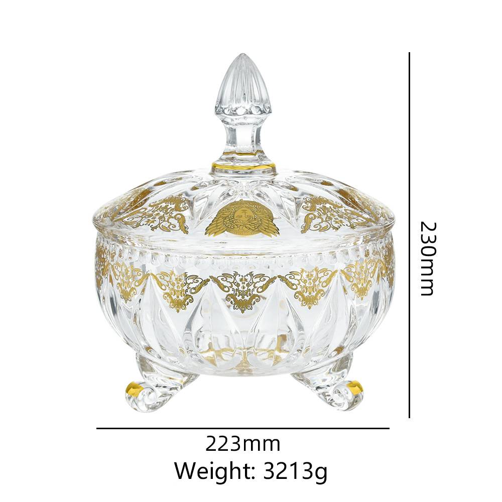 H145*W119mm Arabic Style Luxury Medusa Gold Applique Crystal Glass Candy Jar with Dome Lid