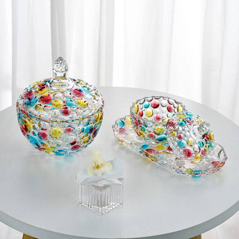 H135*W120 Nordic Creative Polka Dot Series Hand-Painted Crystal Glass Sugar Bowl with Lid