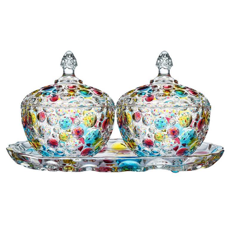 H135*W120 Nordic Creative Polka Dot Series Hand-Painted Crystal Glass Sugar Bowl with Lid