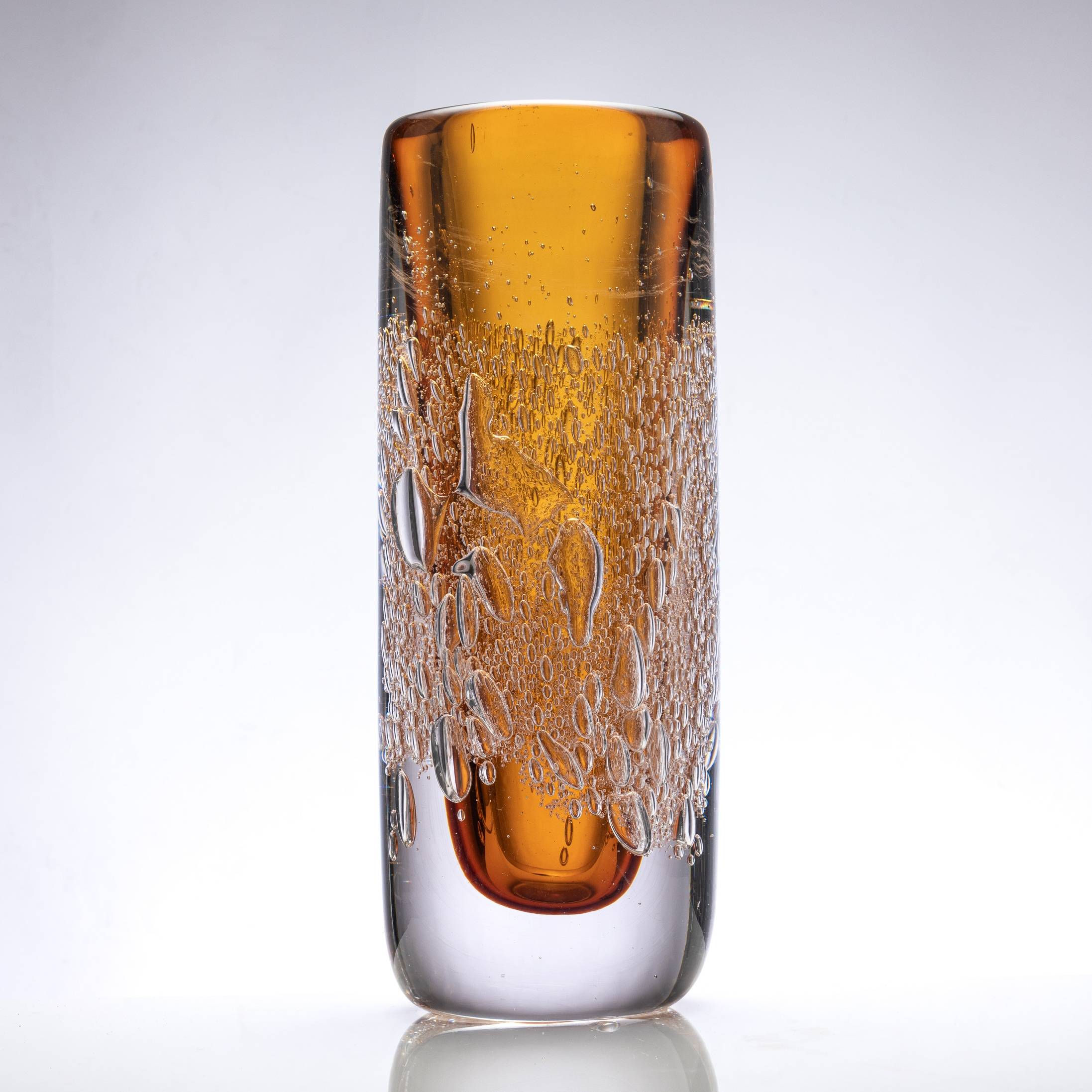 D130*H340 mm Clear Outside and Medium Inside Amber Bubble Cylindrical Glass Vase