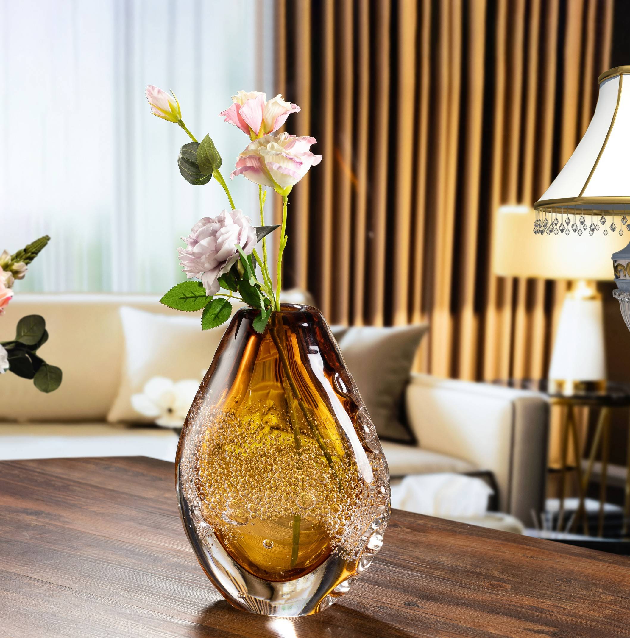 D190*H270 mm Clear Outside and Medium Inside Amber Bubble Glass Vase