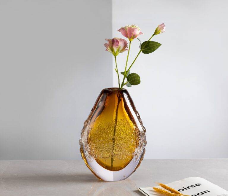 D190*H270 mm Clear Outside and Medium Inside Amber Bubble Glass Vase