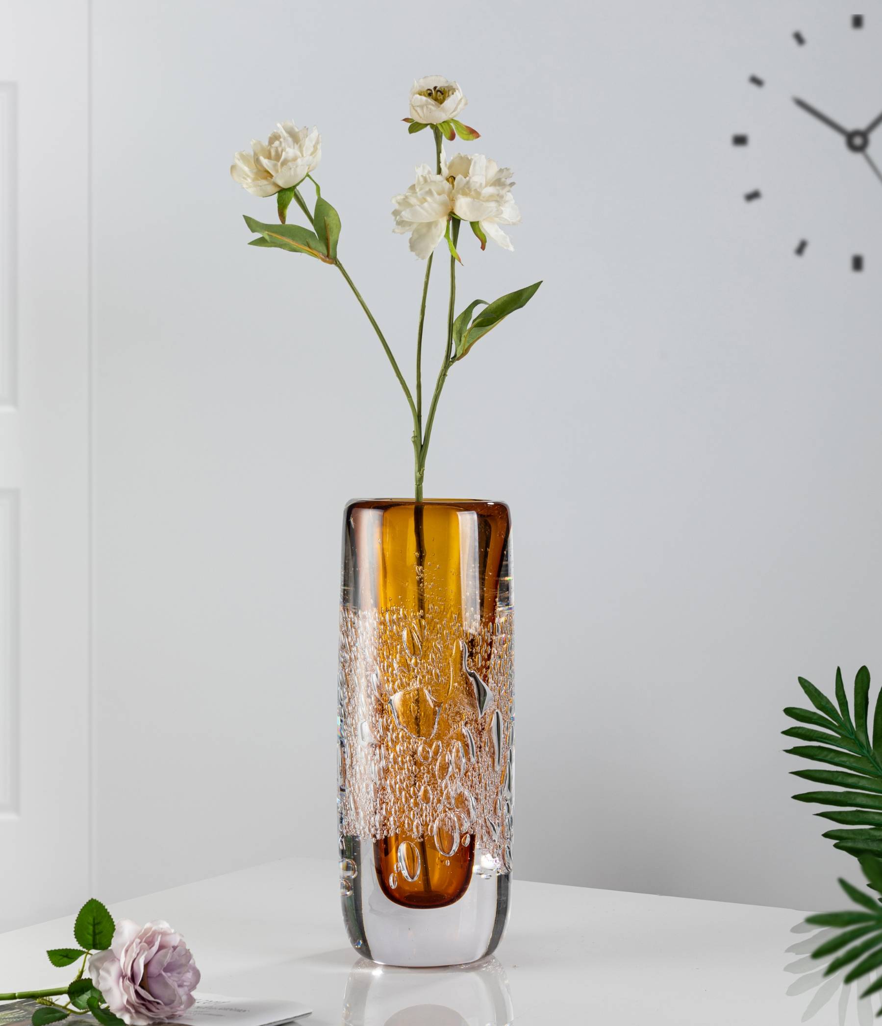 D130*H340 mm Clear Outside and Medium Inside Amber Bubble Cylindrical Glass Vase