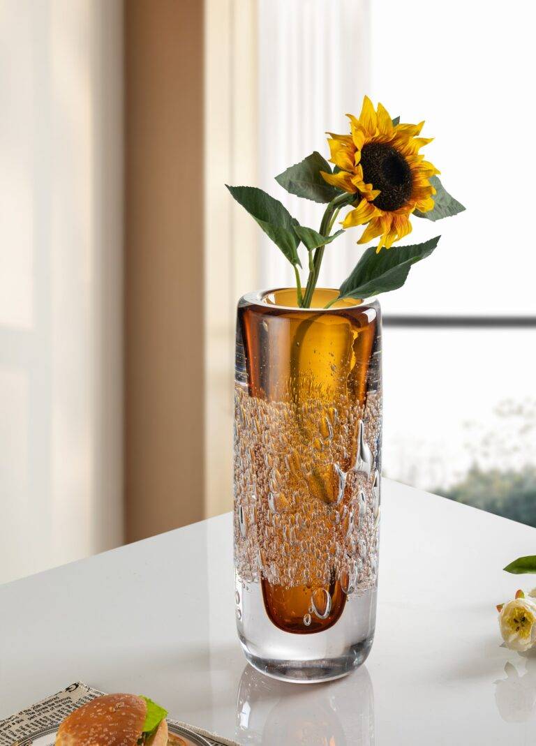 D130*H340 mm Clear Outside and Medium Inside Amber Bubble Cylindrical Glass Vase