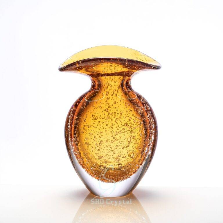 D135*H175 mm Amber Handmade Round Leaf Glass Flower Vase