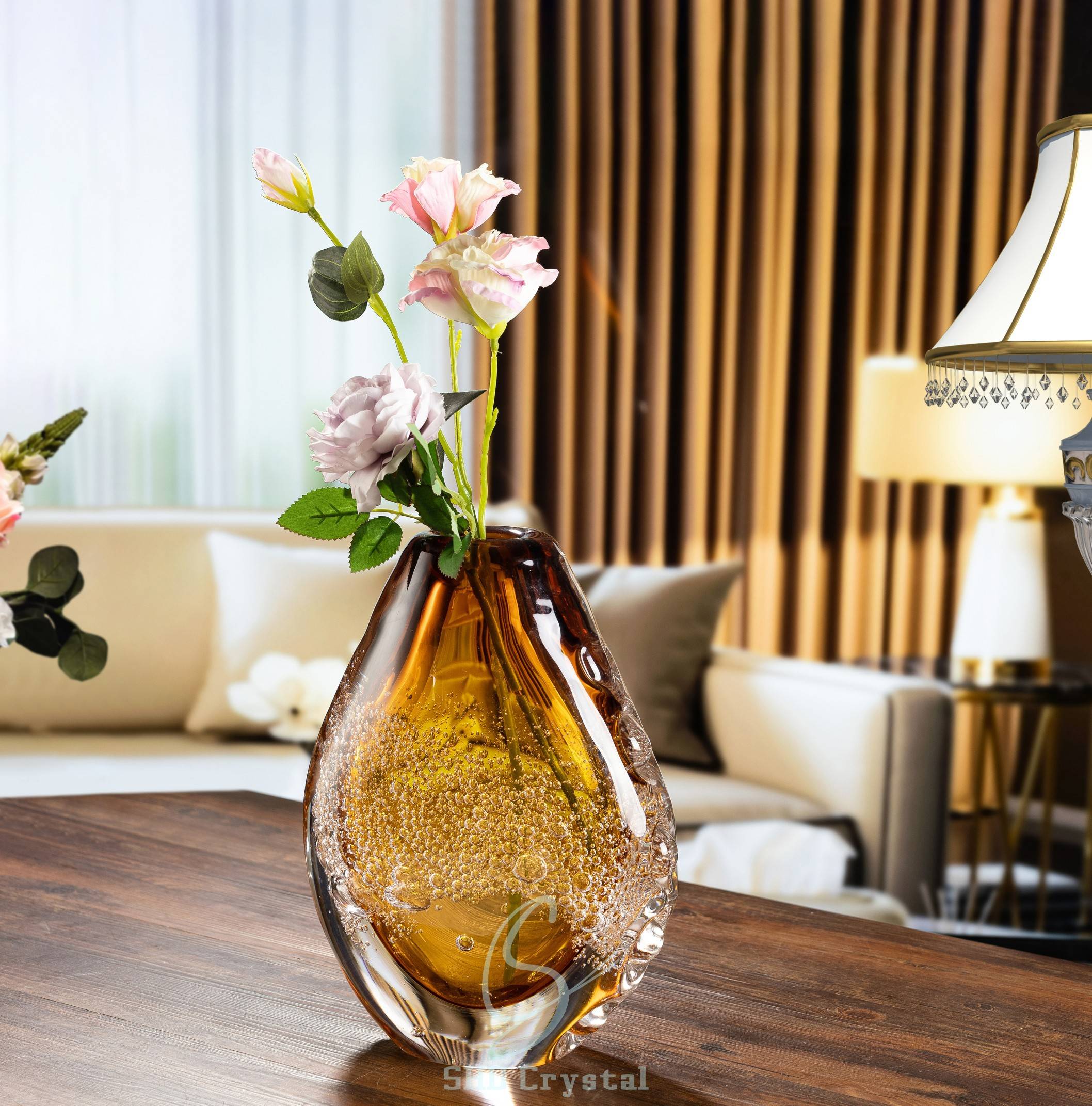 D190*H270 mm Clear Outside and Medium Inside Amber Bubble Glass Vase