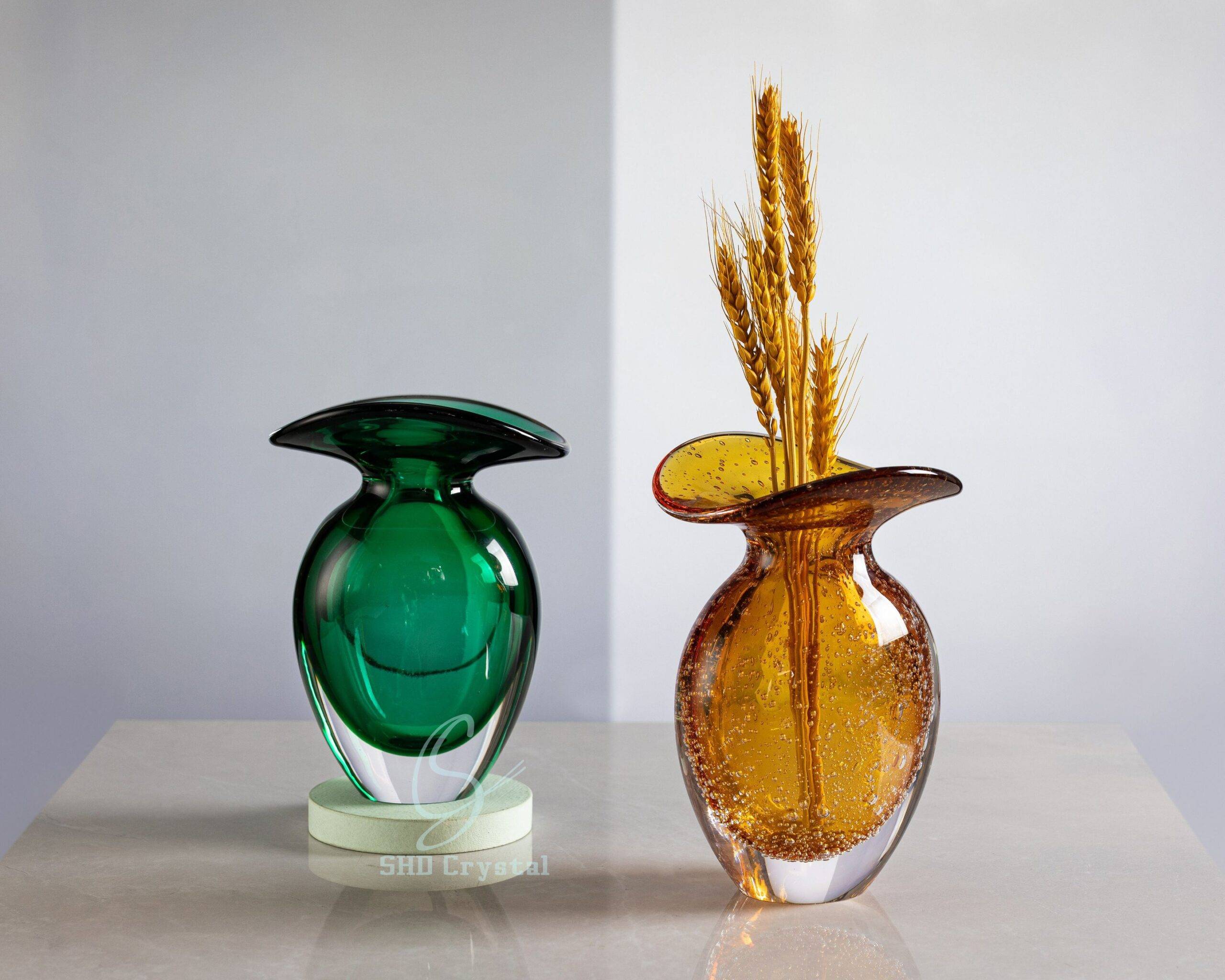 D135*H175 mm Amber Handmade Round Leaf Glass Flower Vase