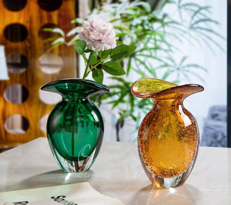 D135*H175 mm Amber Handmade Round Leaf Glass Flower Vase