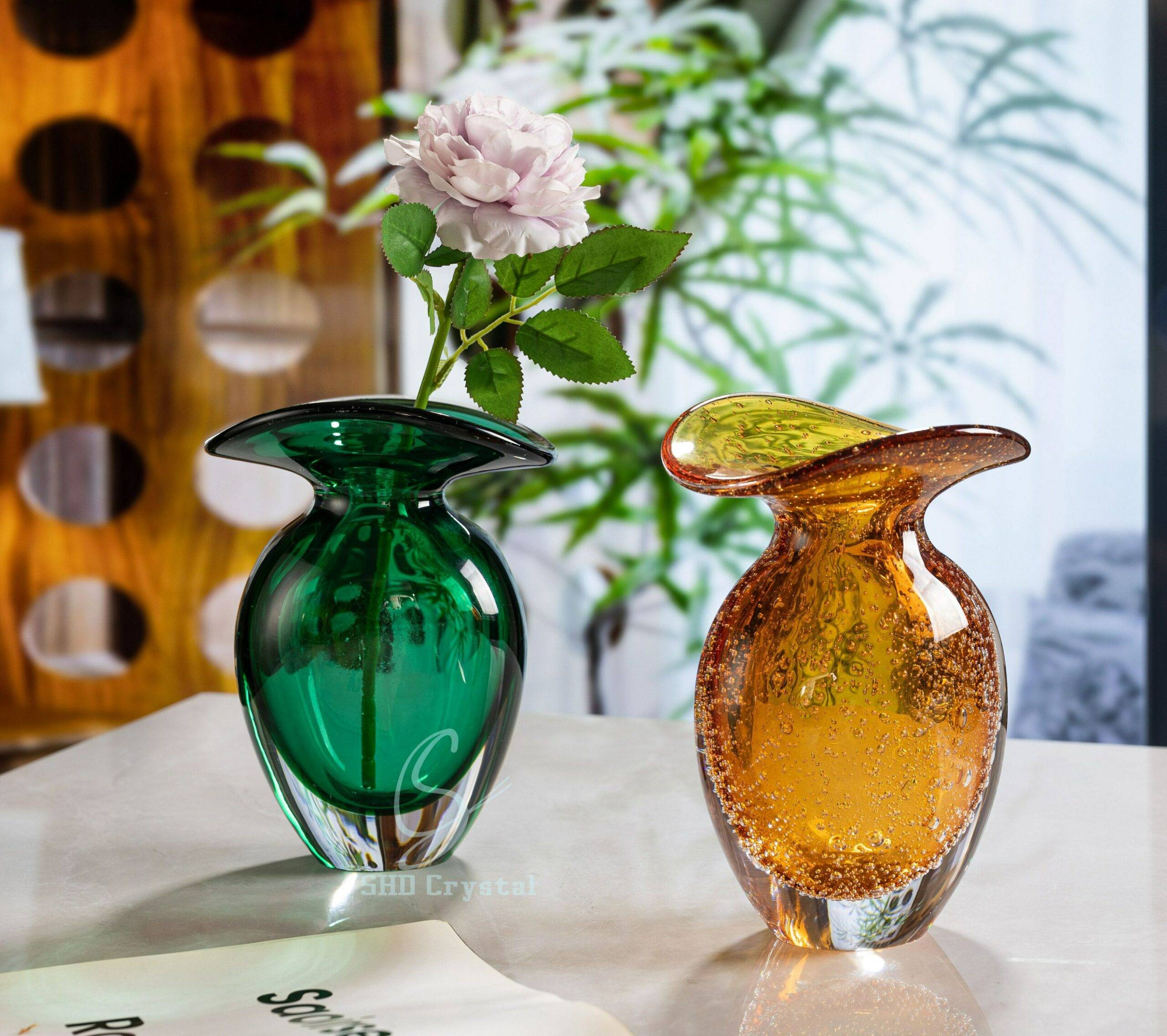 D135*H175 mm Amber Handmade Round Leaf Glass Flower Vase