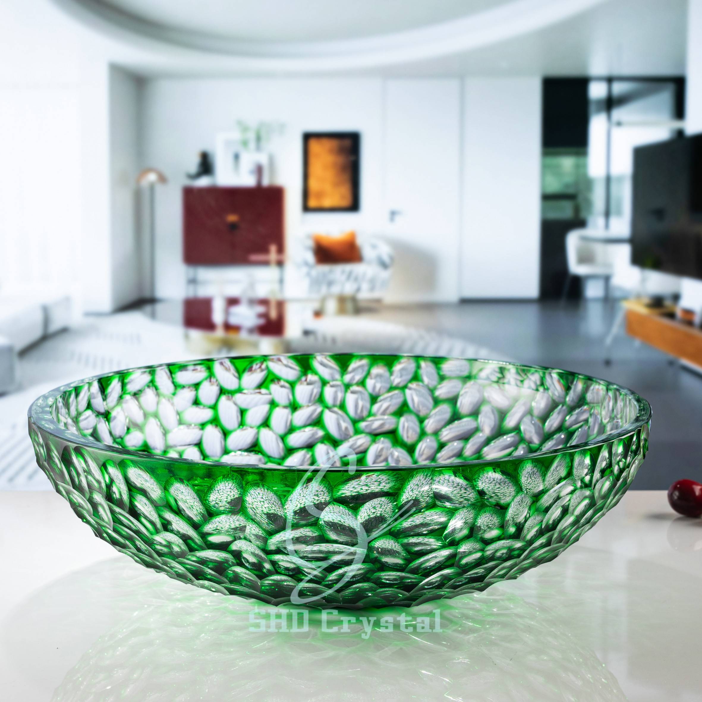 D400*H130 mm Green Carved Crystal Bowl