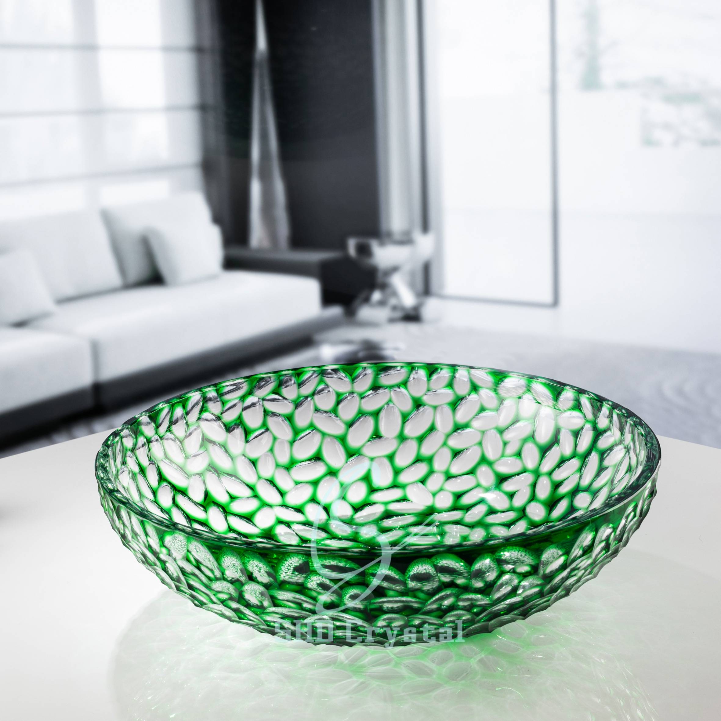 D400*H130 mm Green Carved Crystal Bowl