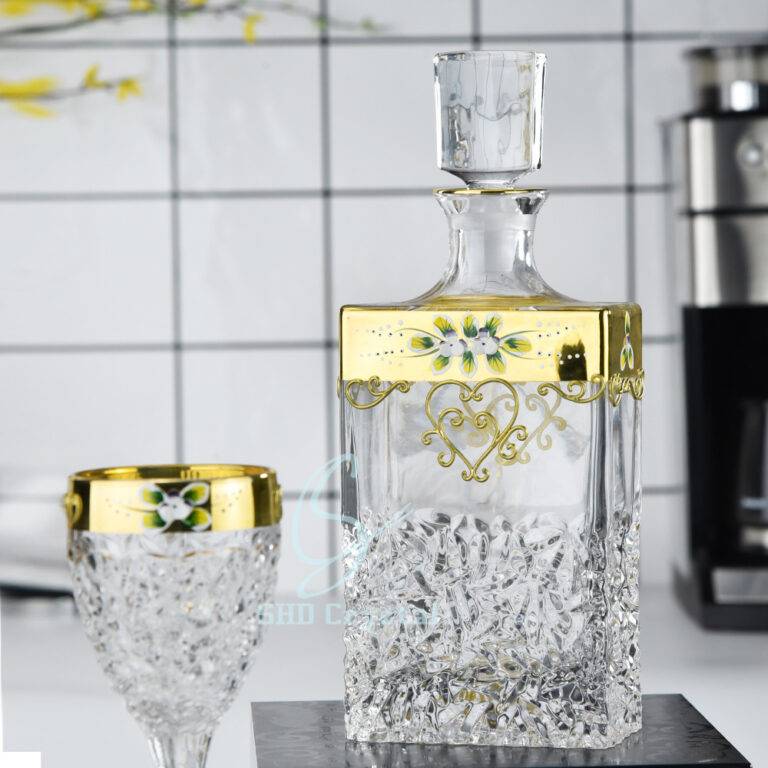 H310*W120*V800 mL Real Gold Enamel Flower Lead-Free Crystal Decanter Set with High-Foot Wine Glass