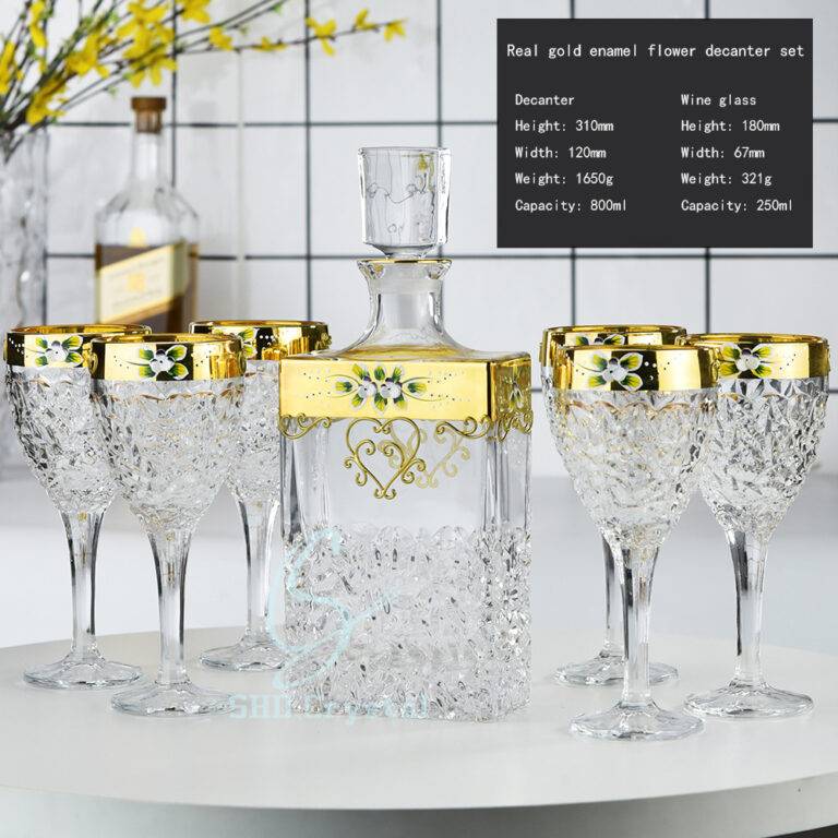 H310*W120*V800 mL Real Gold Enamel Flower Lead-Free Crystal Decanter Set with High-Foot Wine Glass