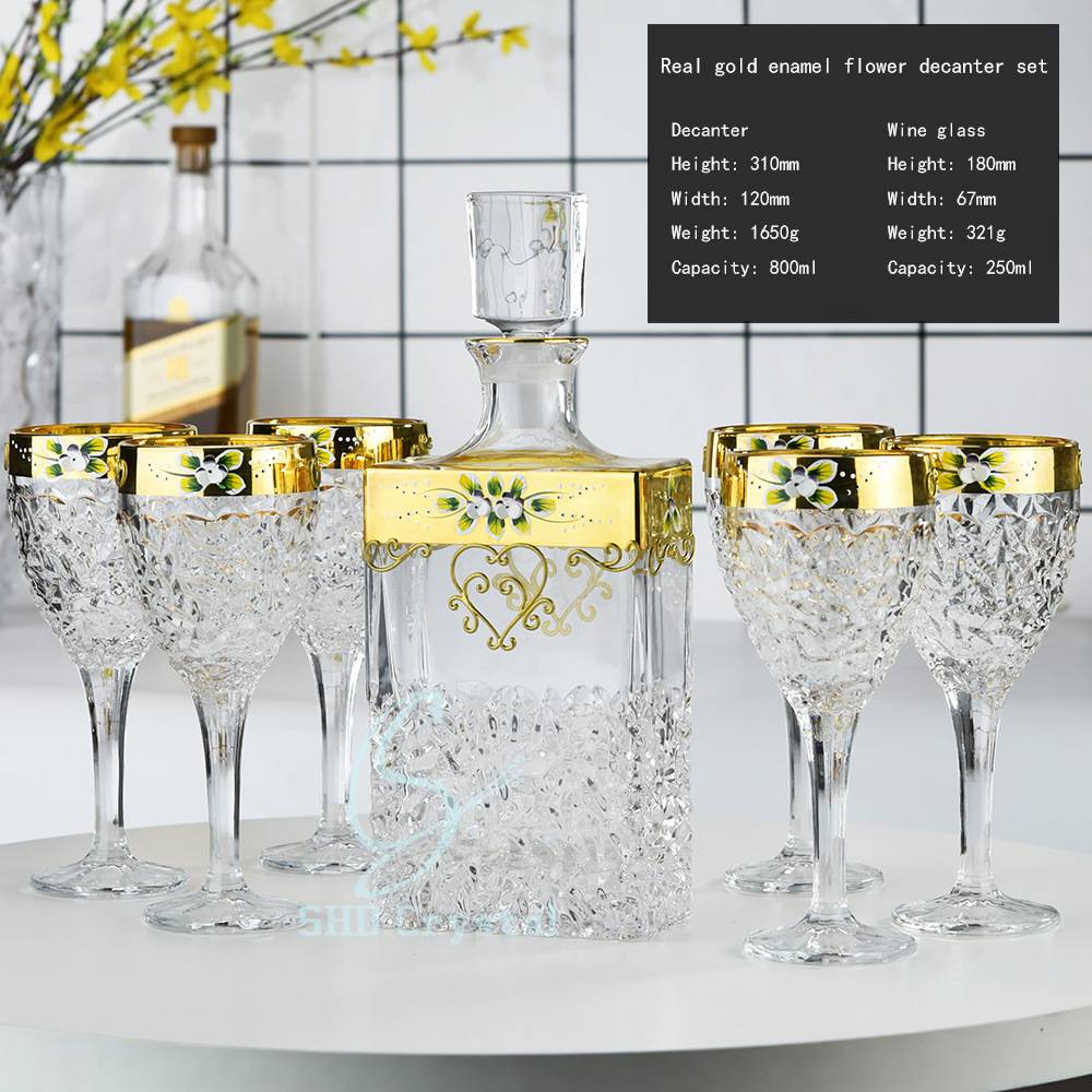 H310*W120*V800 mL Real Gold Enamel Flower Lead-Free Crystal Decanter Set with High-Foot Wine Glass