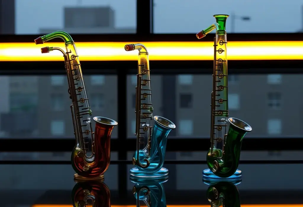 Saxophone-style glass bongs