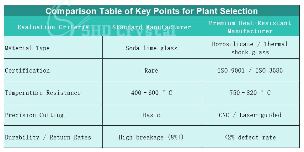 Comparison Table of Key Points for Plant Selection