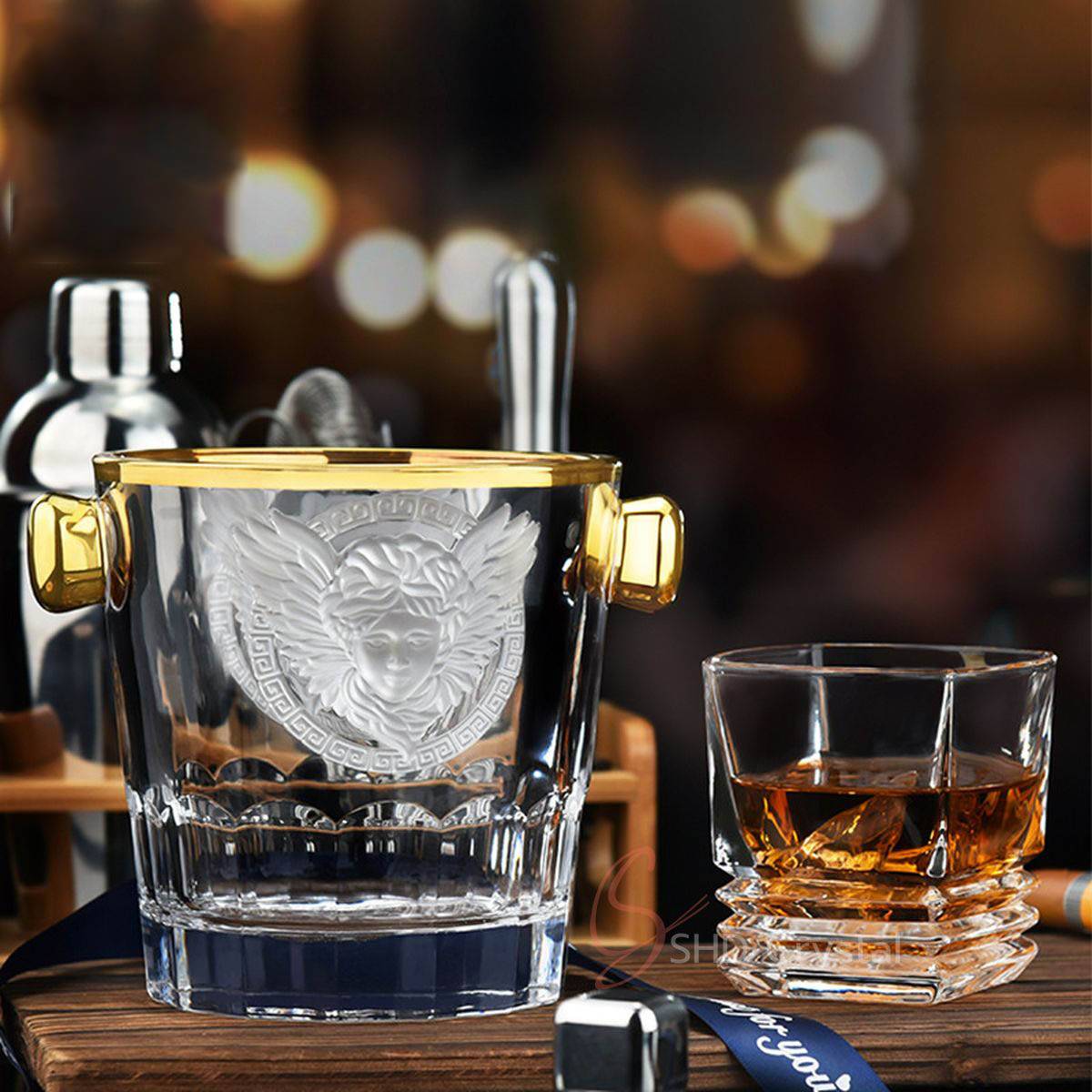 Medusa Relief Crystal Ice Bucket with Gold Rim