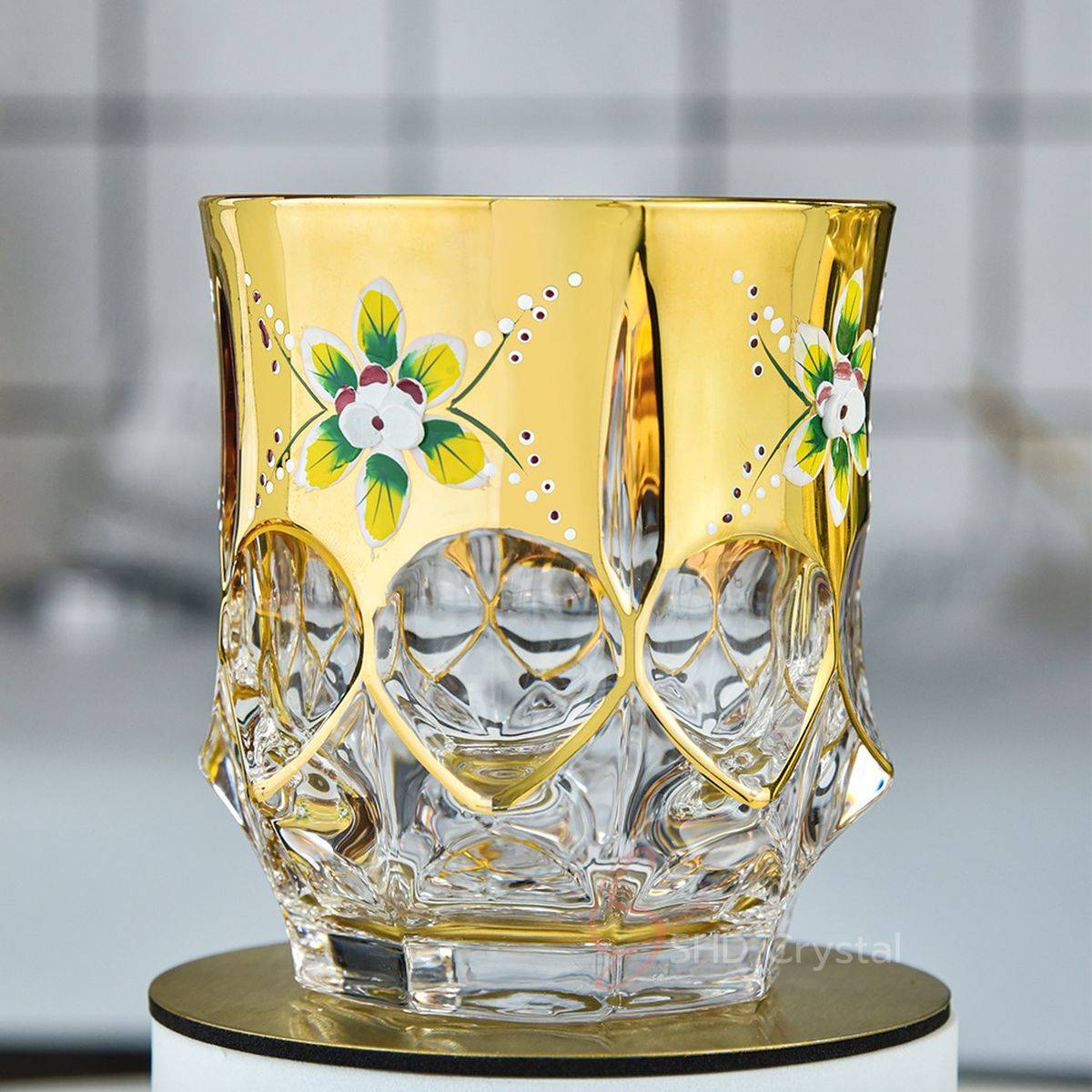 Enamel Flower Gold Rim Crystal Whiskey Barware Set