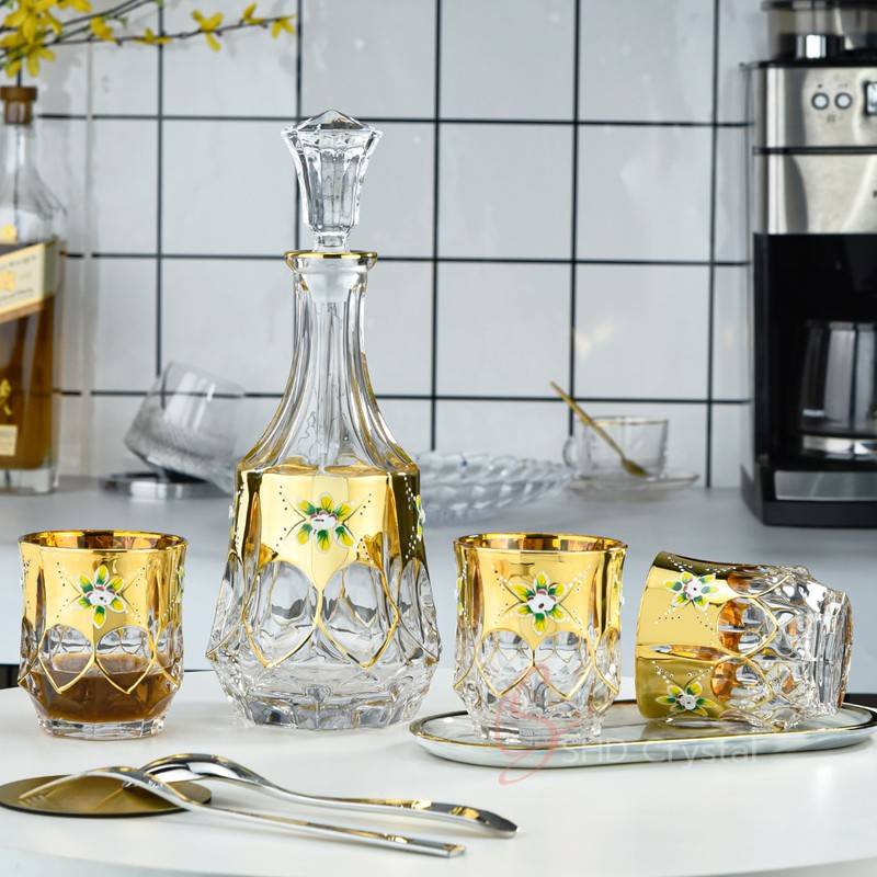 Enamel Flower Gold Rim Crystal Whiskey Barware Set