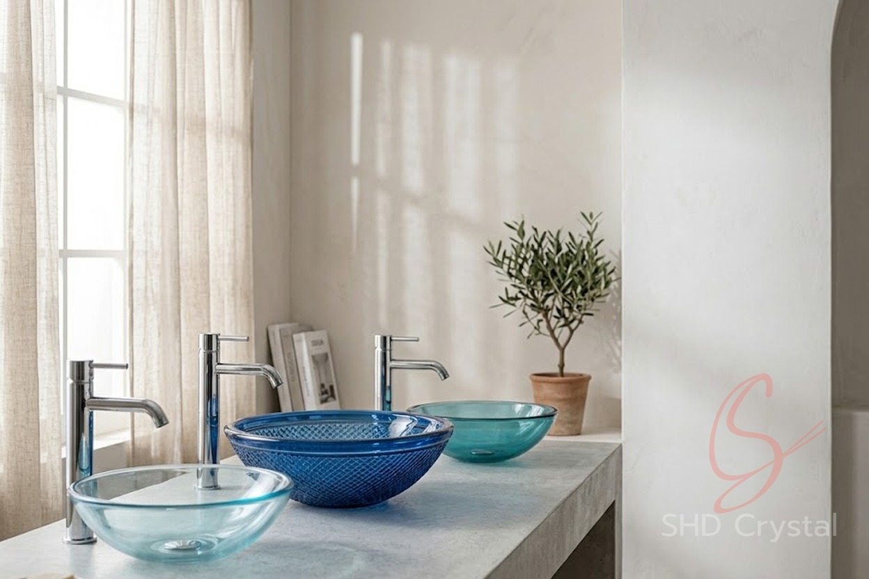 blue glass washbasins