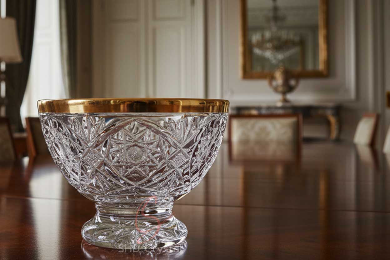 gold-rimmed carved crystal bowls