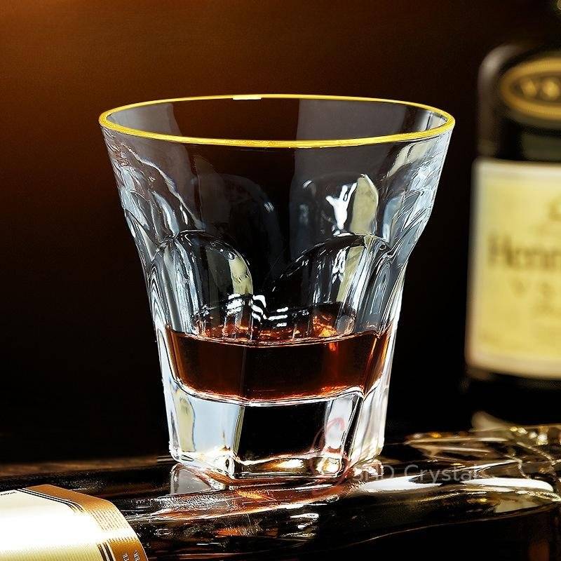 Rim Gilded Vertical Faceted Concave Crystal Whiskey Glass