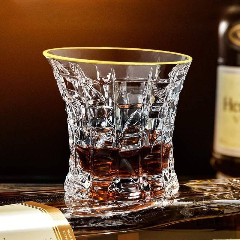 Rim Gilded Irregular Faceted Grid Crystal Whiskey Glass