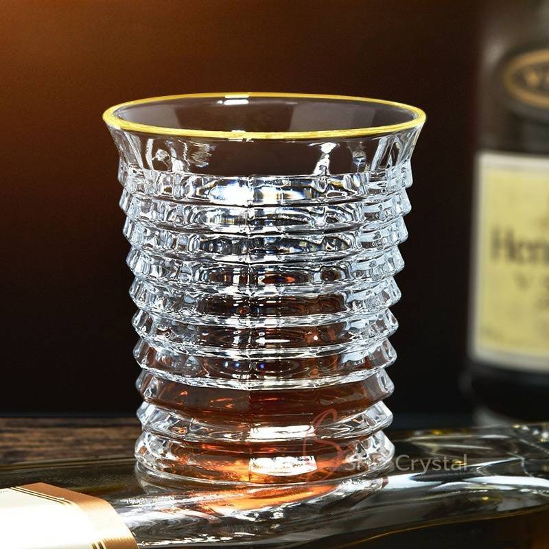 Rim Gilded Layered Ring Sculptural Crystal Whiskey Glass