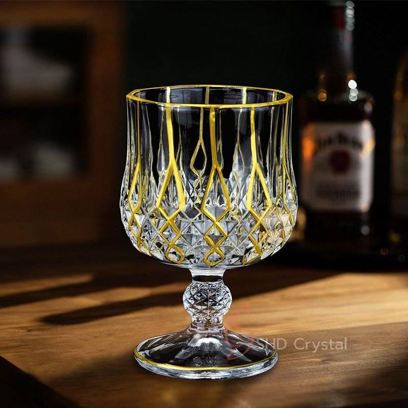 Geometric Gilded Pattern-Rimmed Crystal Glass Goblet