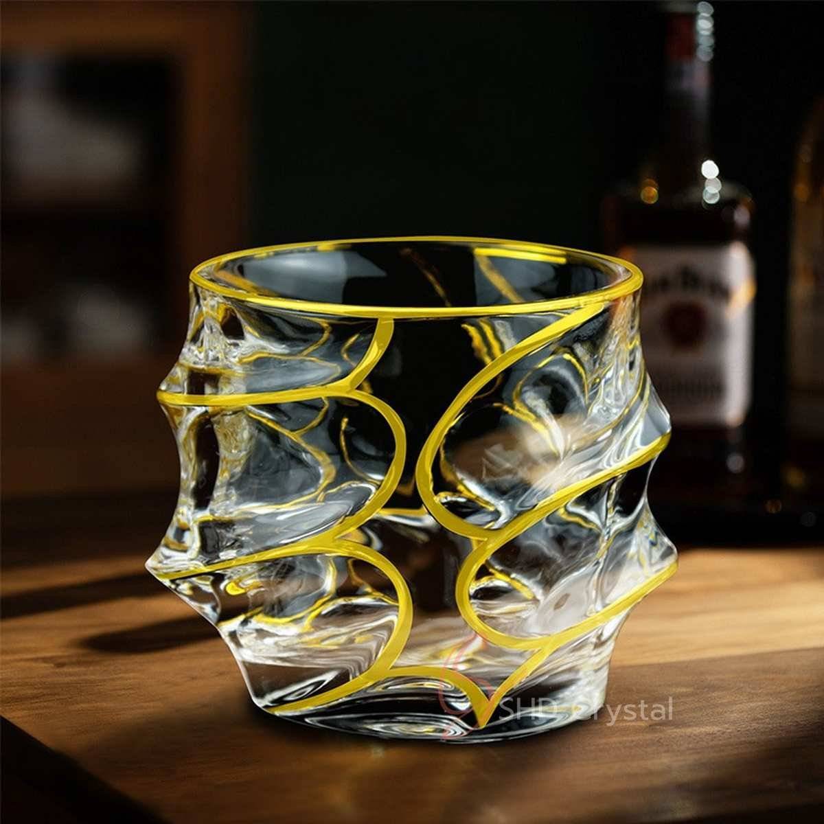 Sculpted Wave Gilded Pattern Crystal Glass Whiskey Tumbler