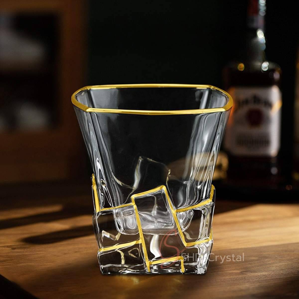Geometric Block Gilded Pattern Crystal Glass Whiskey Tumbler