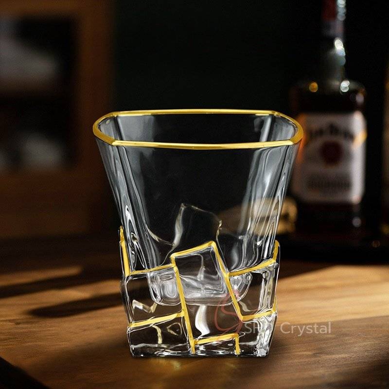 Geometric Block Gilded Pattern Crystal Glass Whiskey Tumbler