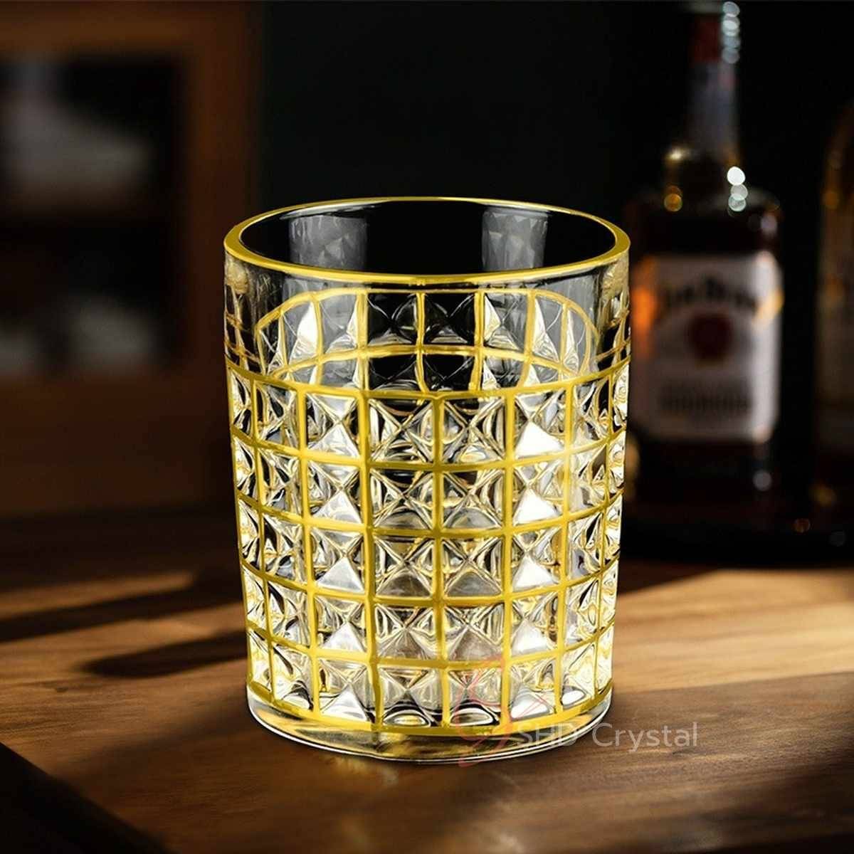 Grid Facet Gilded Crystal Glass Whiskey Tumbler