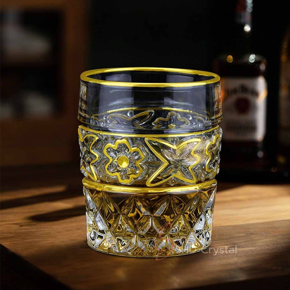 Floral Band Cut Gilded Crystal Glass Whiskey Tumbler