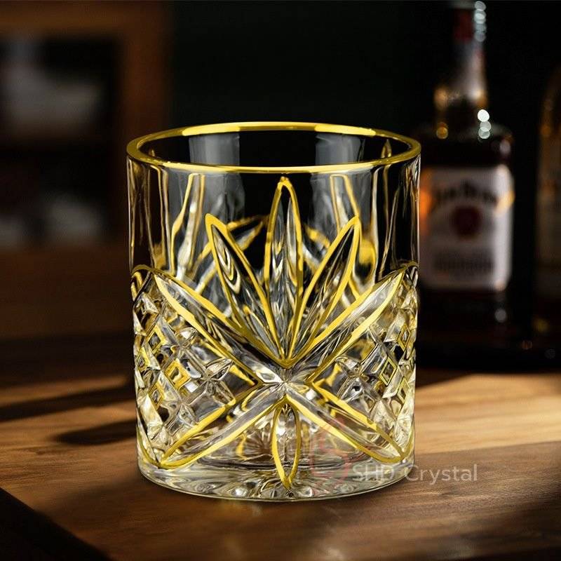 Starburst Cut Gilded Crystal Glass Whiskey Tumbler