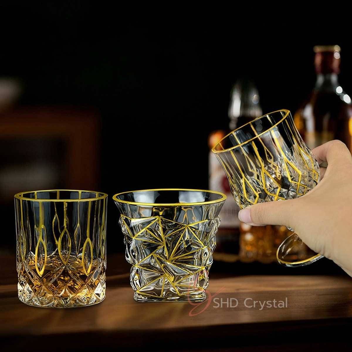Geometric Engraved Gold Line Crystal Glass Whiskey Tumbler