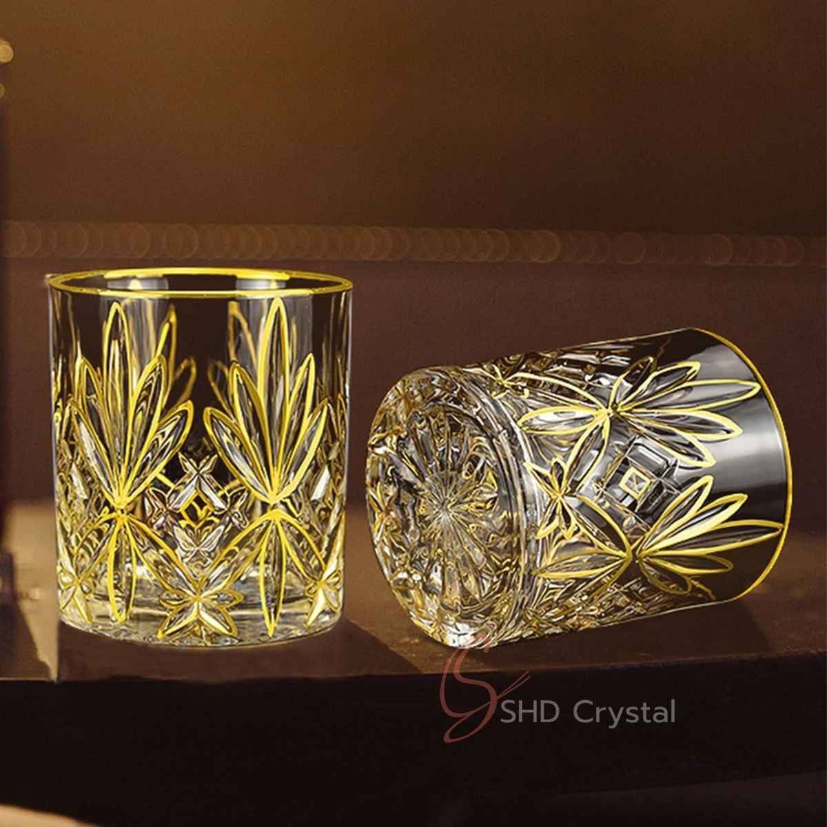 Floral Cut Gilded Crystal Glass Whiskey Tumbler
