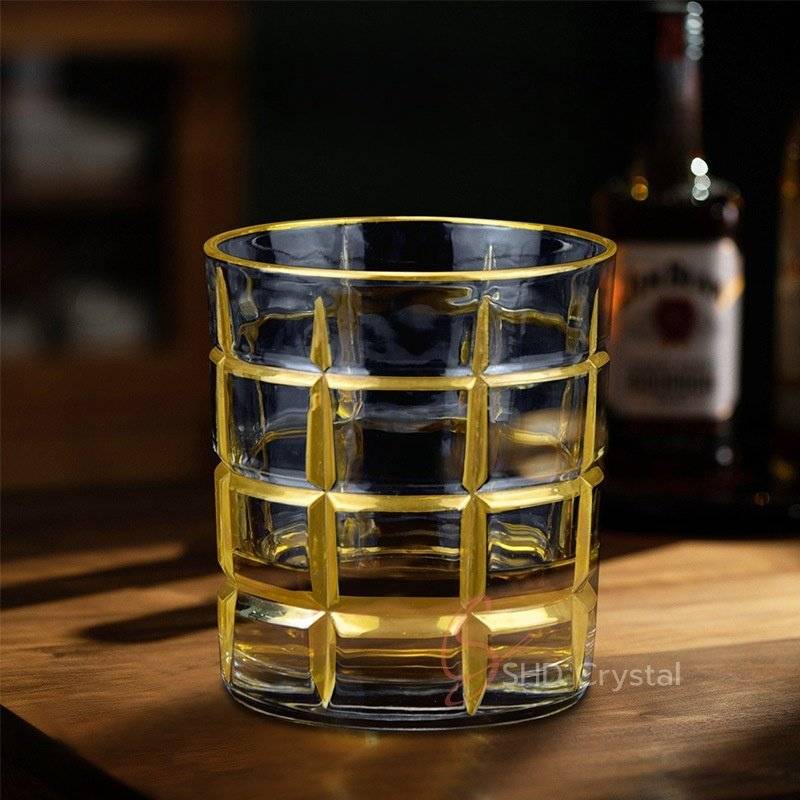 Column Grid Gilded Crystal Glass Whiskey Tumbler