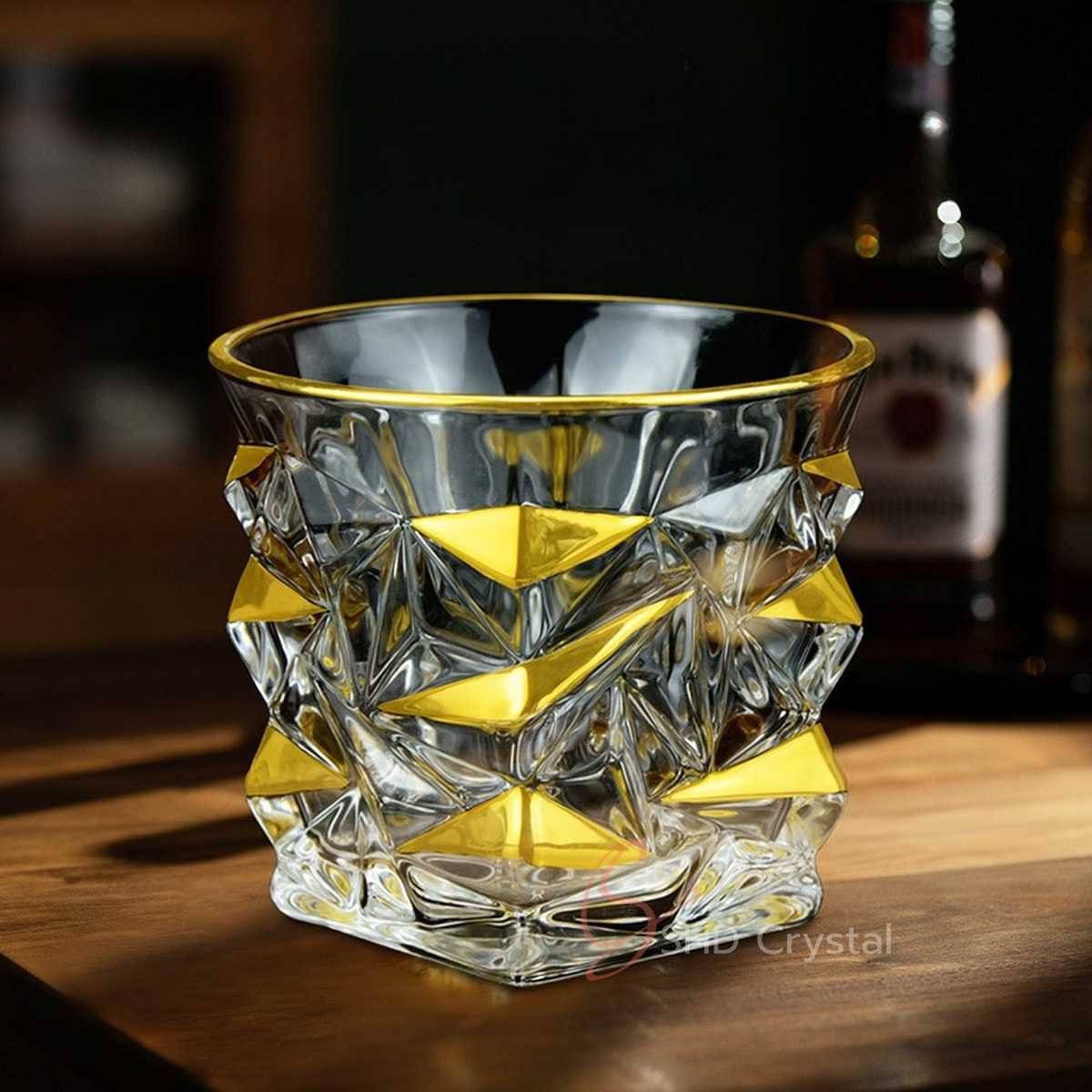 Faceted Gold Inlay Crystal Glass Whiskey Tumbler