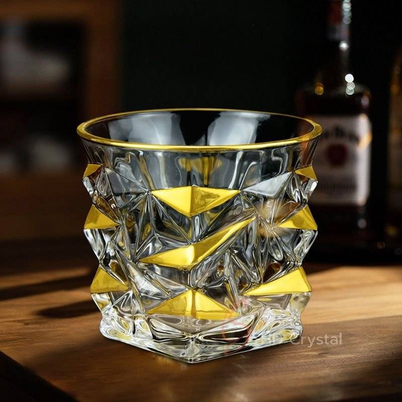 Faceted Gold Inlay Crystal Glass Whiskey Tumbler