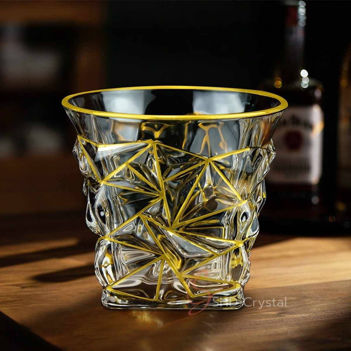 Geometric Engraved Gold Line Crystal Glass Whiskey Tumbler