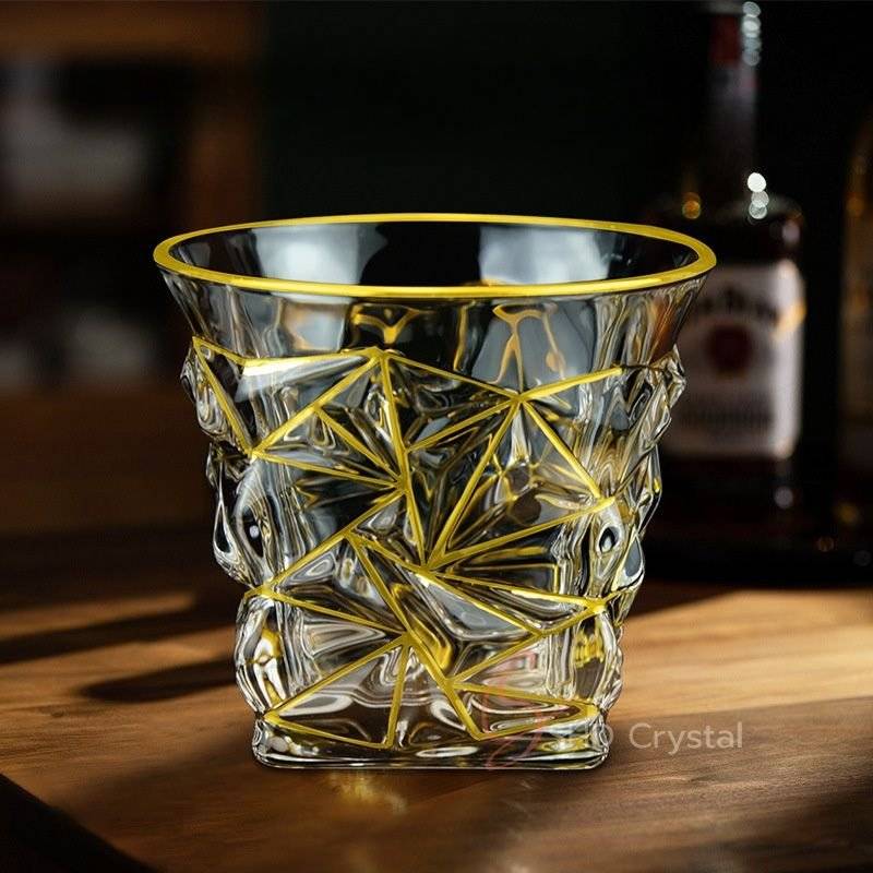 Geometric Engraved Gold Line Crystal Glass Whiskey Tumbler