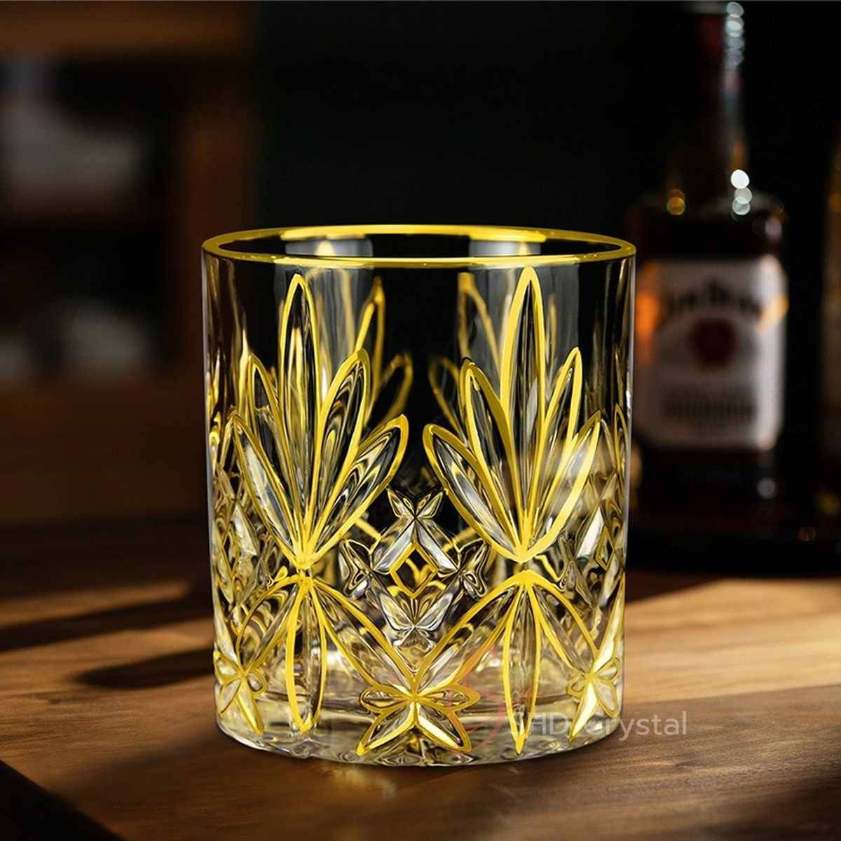 Floral Cut Gilded Crystal Glass Whiskey Tumbler