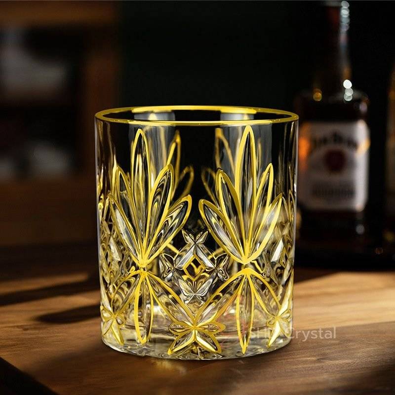 Floral Cut Gilded Crystal Glass Whiskey Tumbler
