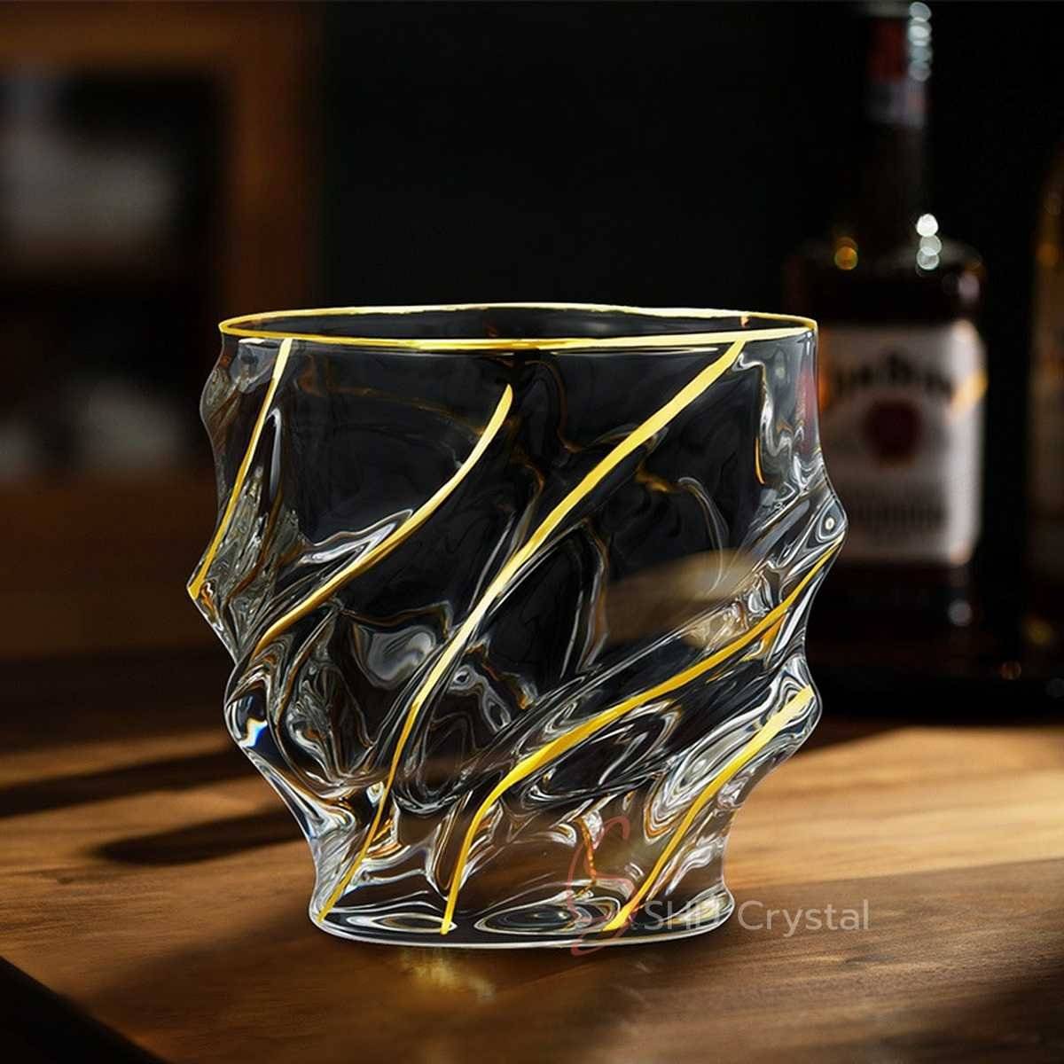 Fluid Sculpted Gold Line Crystal Glass Whiskey Tumbler