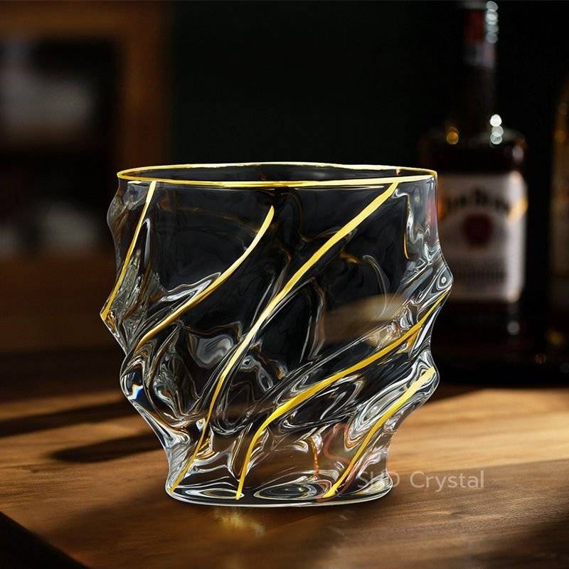 Fluid Sculpted Gold Line Crystal Glass Whiskey Tumbler