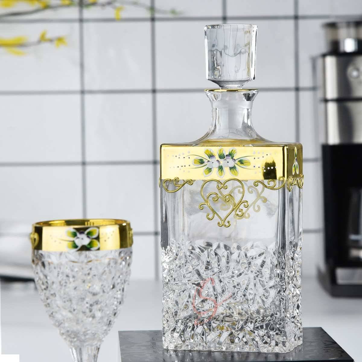 Enamel Flower Gilded Crystal Liquor Set